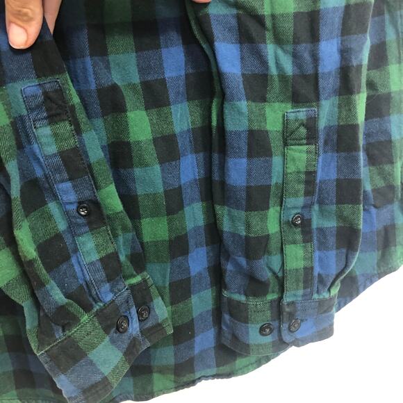 Eddie Bauer Flannel Cotton Plaid Button Down Shirt Green Blue Black Mens Large - Picture 7 of 8